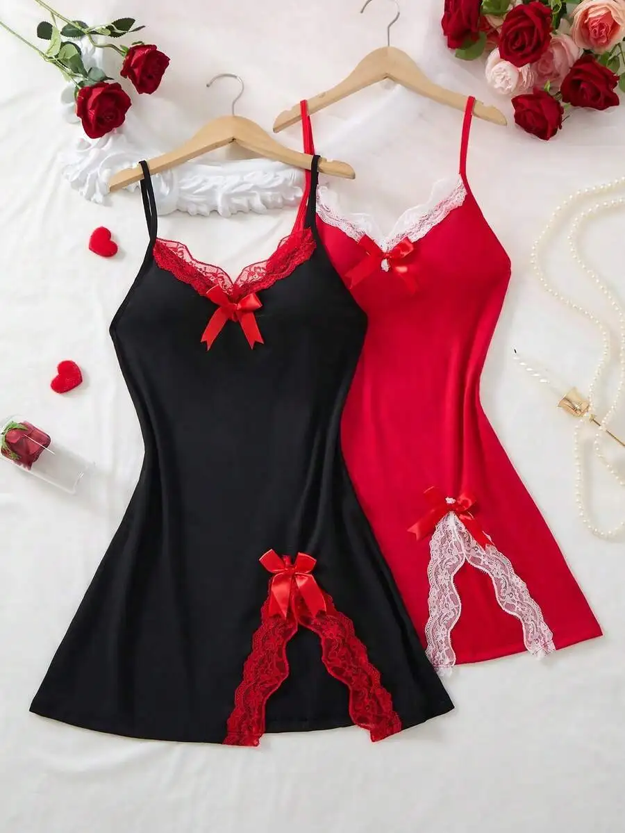 Womens Red Lace Trim Bow Side Slit Hem Nightgown
Womens Red Lace Trim Bow Side Slit Hem Nightgown