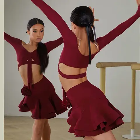 Latin Dance set Clothes Girls Long SLeeves Short Top Skirt Cha cha samba Performance Competition Dress Burgundy Black Dress Kids