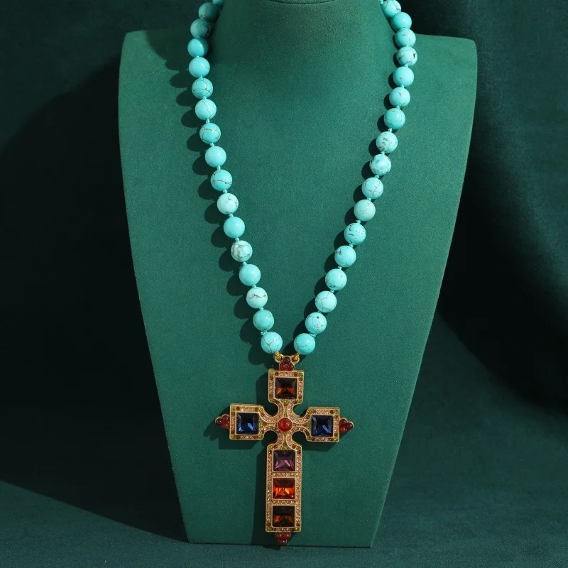 New Vintage Crystal Cross Beads Necklace Colorful Pendent Turquoise Antique Gold Plated Jewelry Engagement Accessories For Woman
New Vintage Crystal Cross Beads Necklace Colorful Pendent Turquoise Antique Gold Plated Jewelry Engagement Accessories For Woman