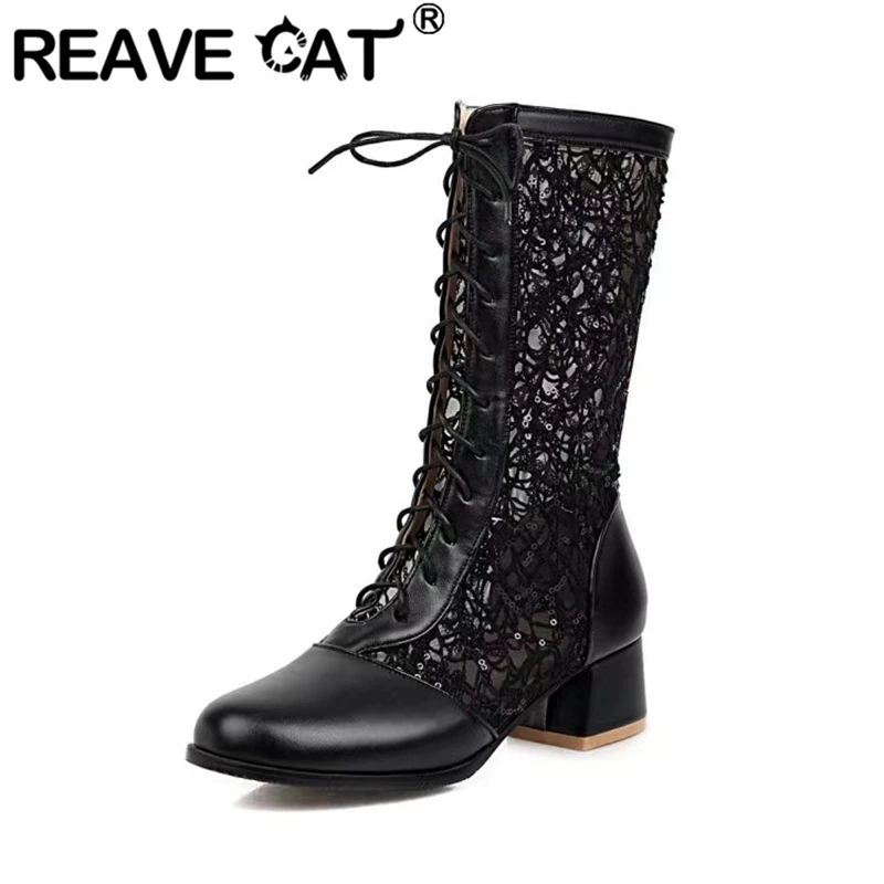 REAVE CAT Design Summer Mid Calf Boots Round Toe Block Heels 4.5cm Lace Up Breathable Mesh Big Size 42 43 Sweet Gilrs Daily Bota
REAVE CAT Design Summer Mid Calf Boots Round Toe Block Heels 4.5cm Lace Up Breathable Mesh Big Size 42 43 Sweet Gilrs Daily Bota