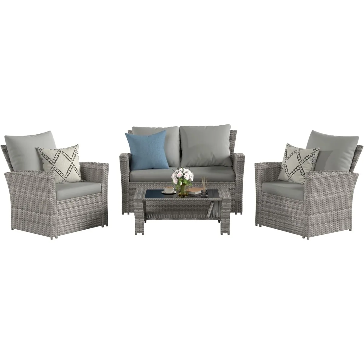 4 Piece Patio Furniture Set, Wicker Outdoor Furniture Sofa Sets, Gray PE Rattan Patio Conversation Set for Balcony, Porch, Grey
4 Piece Patio Furniture Set, Wicker Outdoor Furniture Sofa Sets, Gray PE Rattan Patio Conversation Set for Balcony, Porch, Grey