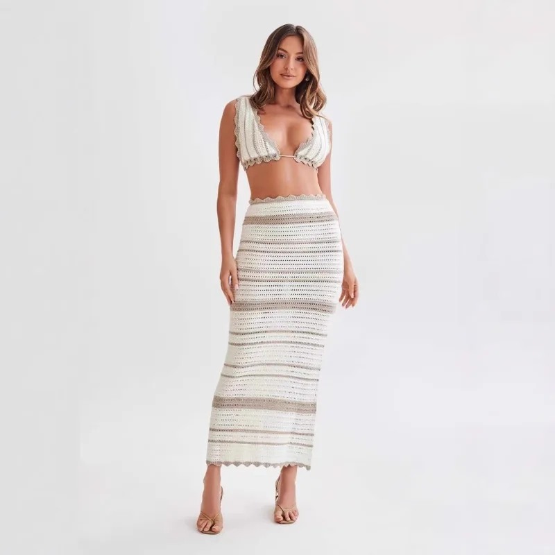 Women Sexy Striped Knitted Holiday Beach 2 Piece Set V-neck Lace Up Backless Sleeveless Tank Crop Tops + Bodycon Maxi Skirt Suit
Women Sexy Striped Knitted Holiday Beach 2 Piece Set V-neck Lace Up Backless Sleeveless Tank Crop Tops + Bodycon Maxi Skirt Suit