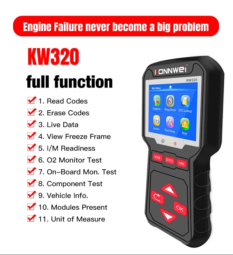 Новый сканер OBD2 KW320, автомобильный профессиональный диагностический инструмент, проверка двигателя автомобиля, предупреждение о неисправности, световой считыватель кодов автомобиля 
Новый сканер OBD2 KW320, автомобильный профессиональный диагностический инструмент, проверка двигателя автомобиля, предупреждение о неисправности, световой считыватель кодов автомобиля