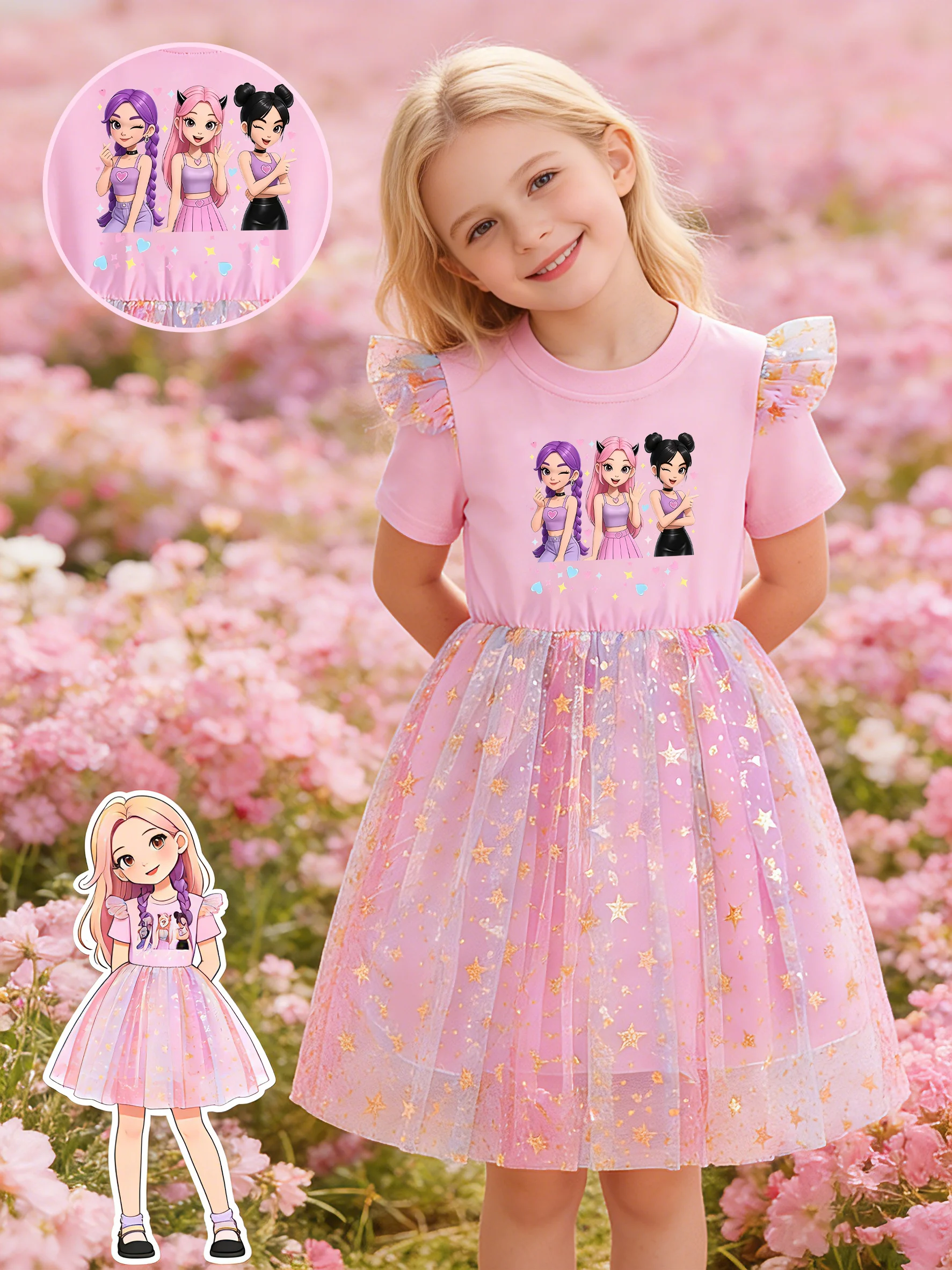 Girls' Dress with Cartoon Girl Group Print & Gradient Flutter Sleeve Design, Pink Princess Dress
Girls' Dress with Cartoon Girl Group Print & Gradient Flutter Sleeve Design, Pink Princess Dress