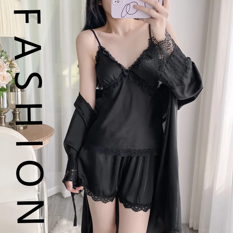 Sexy summer solid color thin women's suspender shorts set ice silk nightgown women's three-piece loungewear with chest pad new
Sexy summer solid color thin women's suspender shorts set ice silk nightgown women's three-piece loungewear with chest pad new