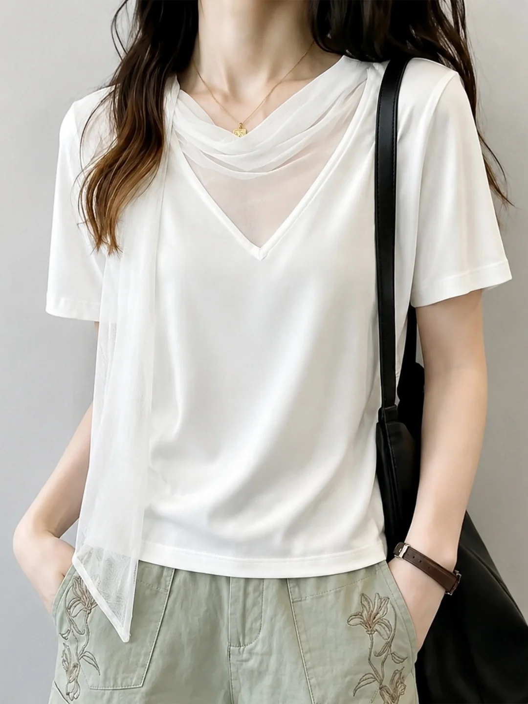 Laid-back Style Mesh Splice Loose Commute Top Short Sleeve T-shirt Korean Version Straight Cut Summer Fashion Women's Silk
Laid-back Style Mesh Splice Loose Commute Top Short Sleeve T-shirt Korean Version Straight Cut Summer Fashion Women's Silk