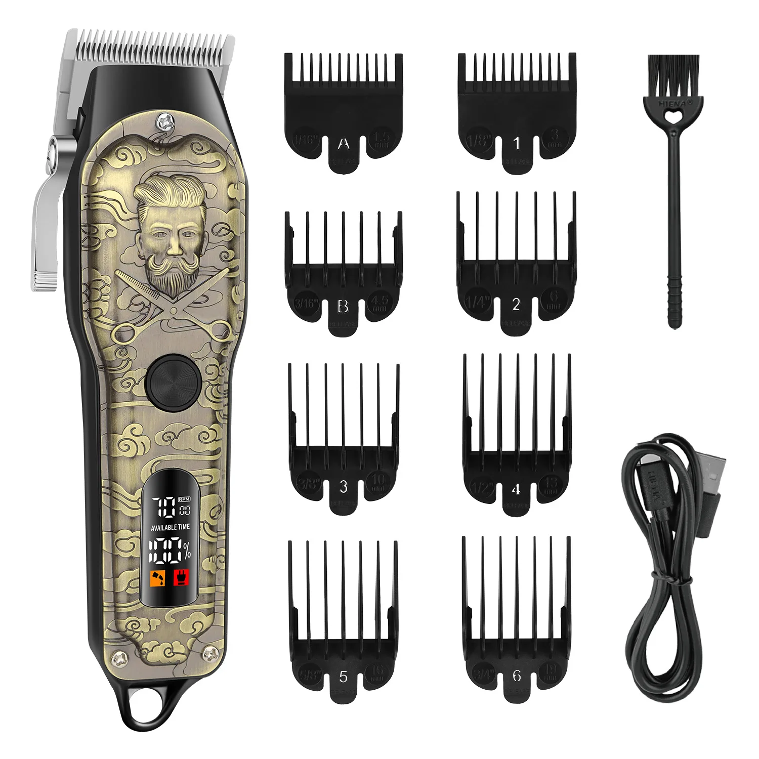 HIENA Hair Clipper Kit High Power Rechargeable Electric Hair Trimmer Vintage Bronze Pattern Design LED Display Hair Cutters
HIENA Hair Clipper Kit High Power Rechargeable Electric Hair Trimmer Vintage Bronze Pattern Design LED Display Hair Cutters