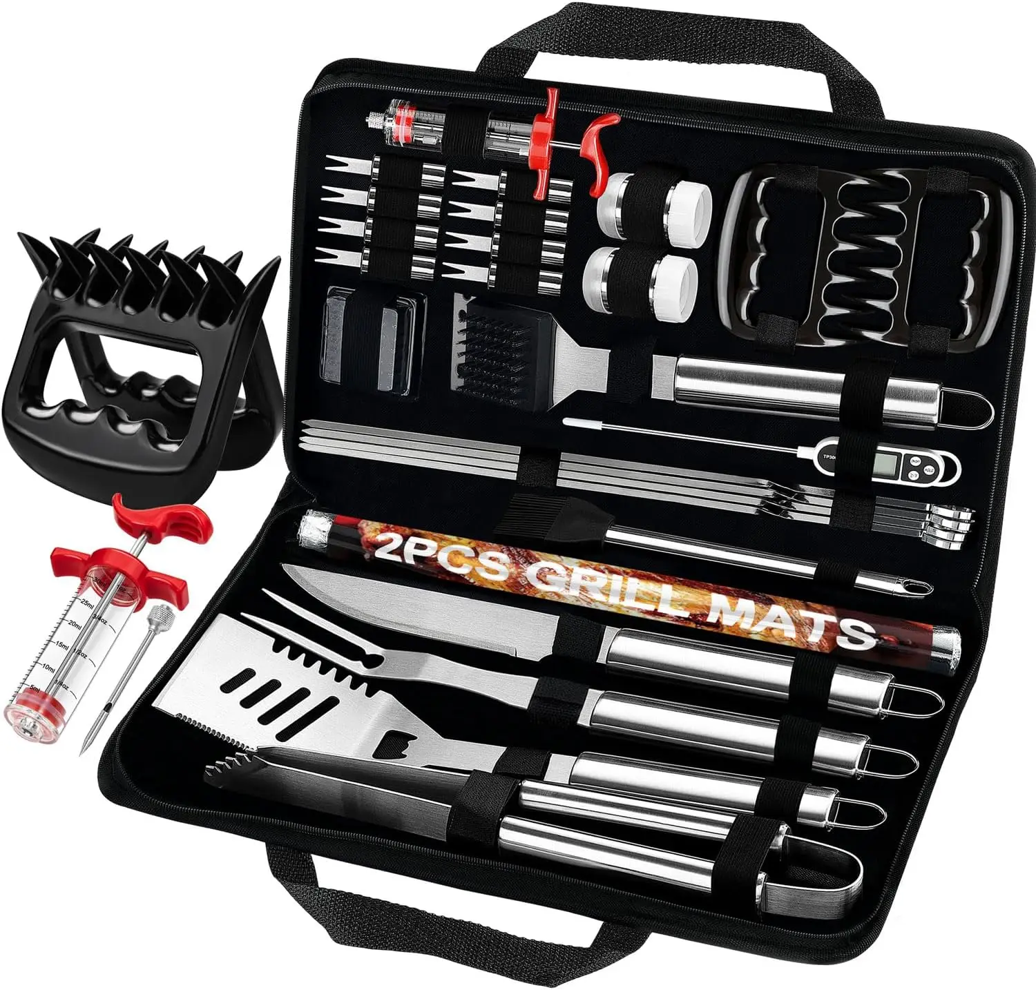 28Pcs Grilling Accessories in Bag with Meat Injector, Barbecue Claws, Mats, Thermometer for Smoker, Camping BBQ Grill Ut
28Pcs Grilling Accessories in Bag with Meat Injector, Barbecue Claws, Mats, Thermometer for Smoker, Camping BBQ Grill Ut
