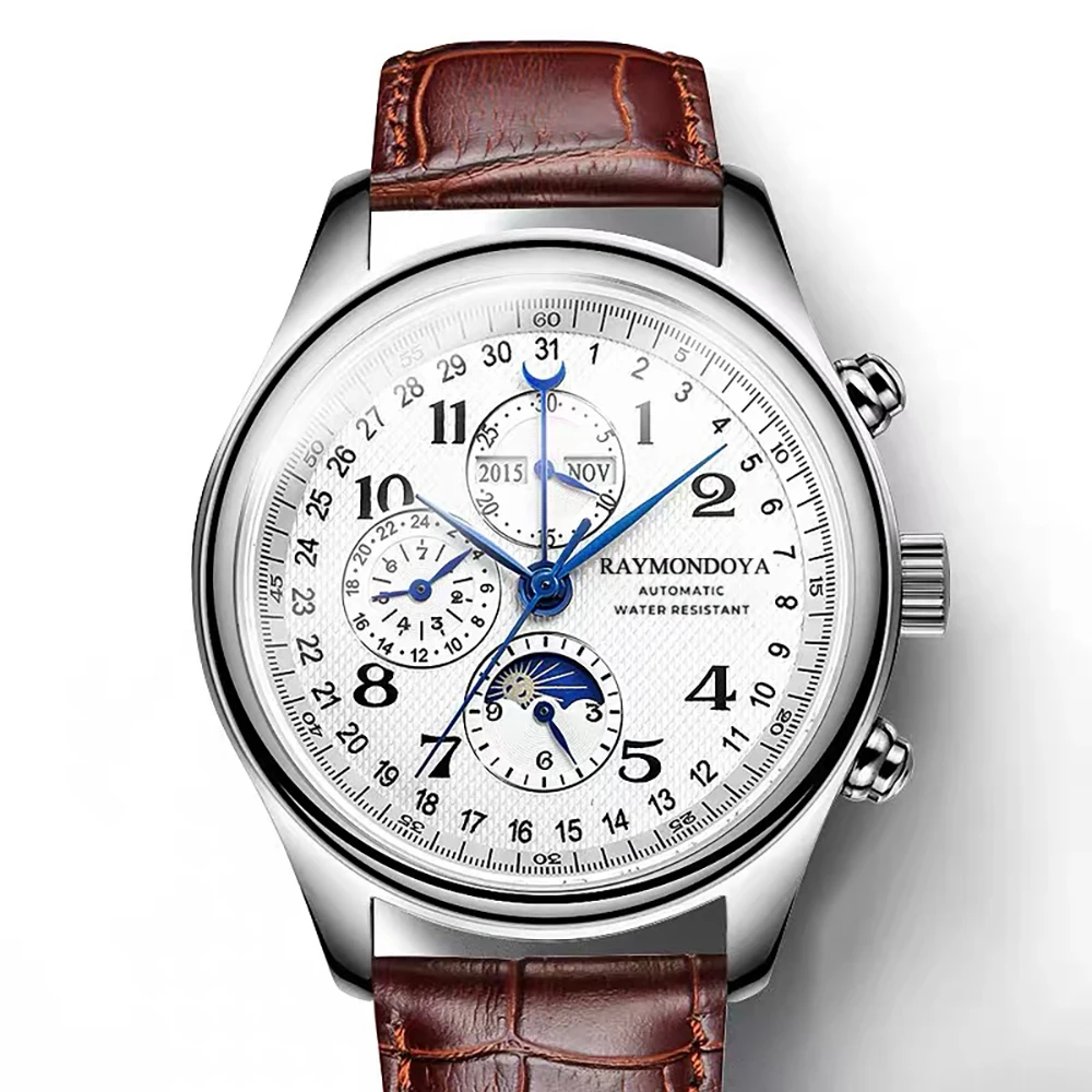 Raymondoya Leather Steel Mechanical Sapphire Men Watches Top Brand Luxury Waterproof Automatic Wristwatch Calendar Moon Phase
Raymondoya Leather Steel Mechanical Sapphire Men Watches Top Brand Luxury Waterproof Automatic Wristwatch Calendar Moon Phase