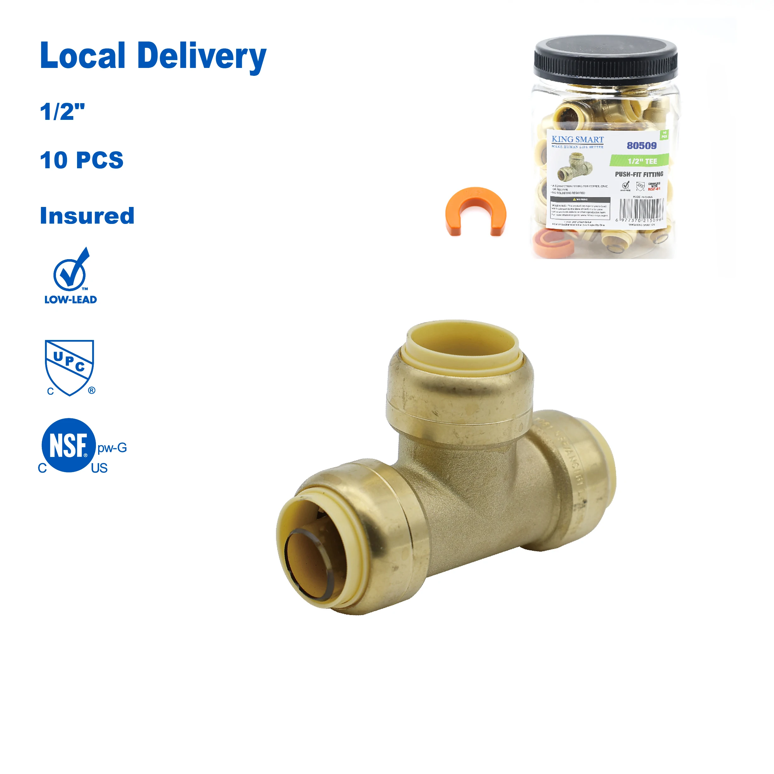 KING SMART 1/2" Push Fit * 1/2" Push Fit * 1/2" Push Fit Fitting TEE; 10Pcs/Case; 80509
KING SMART 1/2" Push Fit * 1/2" Push Fit * 1/2" Push Fit Fitting TEE; 10Pcs/Case; 80509