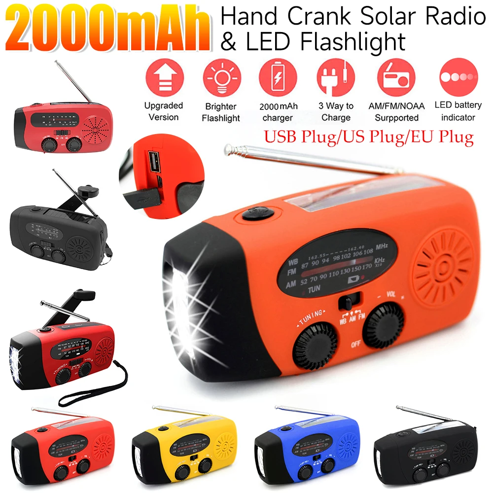 Weather Radio Emergency Multifunctional Radio FM AM WB Hand Crank Solar USB Charging 2000mAh Power Bank LED Flashlight Torch
Weather Radio Emergency Multifunctional Radio FM AM WB Hand Crank Solar USB Charging 2000mAh Power Bank LED Flashlight Torch