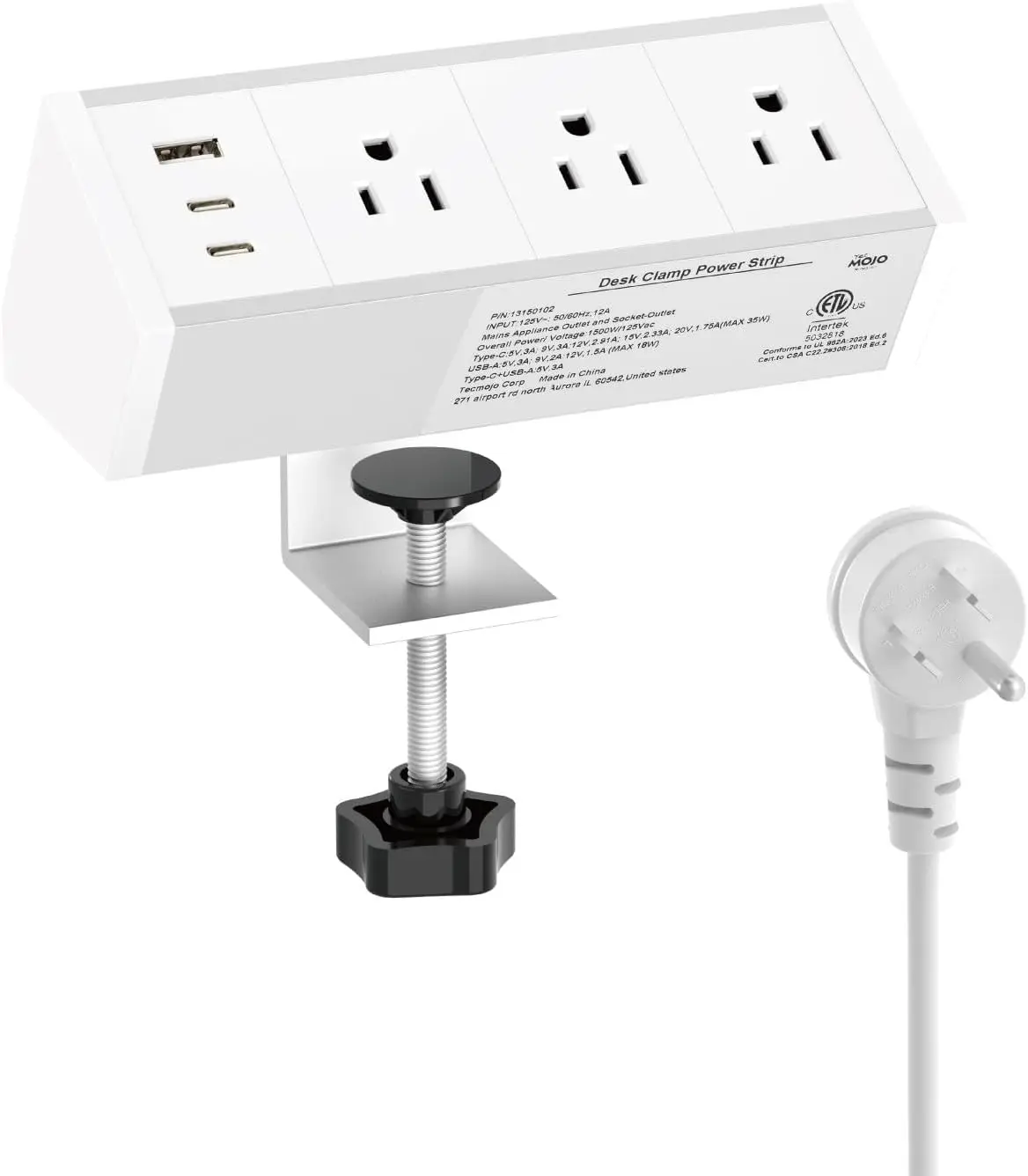 Desk Clamp Power Strip 3 Outlet 1 USB A 2 USB C 6ft Cord, ETL Listed, White
Desk Clamp Power Strip 3 Outlet 1 USB A 2 USB C 6ft Cord, ETL Listed, White