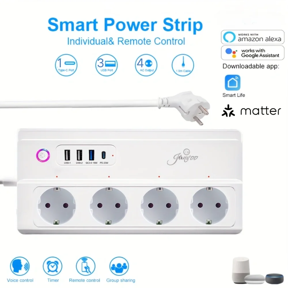 Matter version smart power strip with 4 AC sockets and 1 USB-C fast charger (PD 20W)&3 USB-Alexa and Google Home voice controls
Matter version smart power strip with 4 AC sockets and 1 USB-C fast charger (PD 20W)&3 USB-Alexa and Google Home voice controls