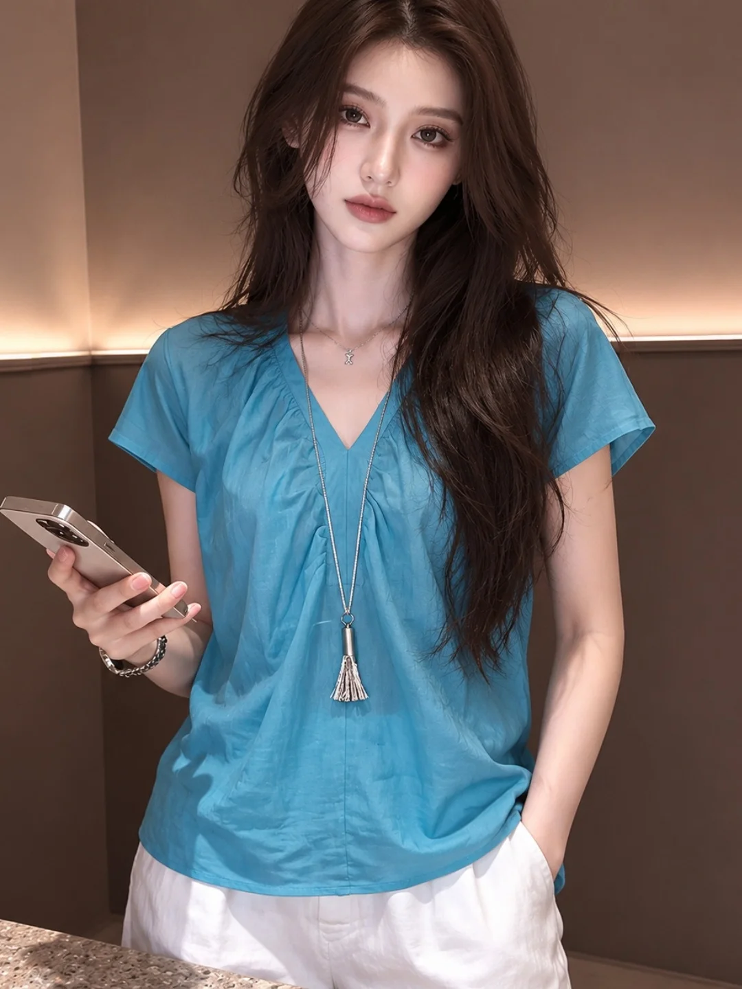 Korean Style Loose V-Neck Pleated Lightweight Short Sleeve T-Shirt Beautiful Unique Summer White Enhancing Versatile Top
Korean Style Loose V-Neck Pleated Lightweight Short Sleeve T-Shirt Beautiful Unique Summer White Enhancing Versatile Top