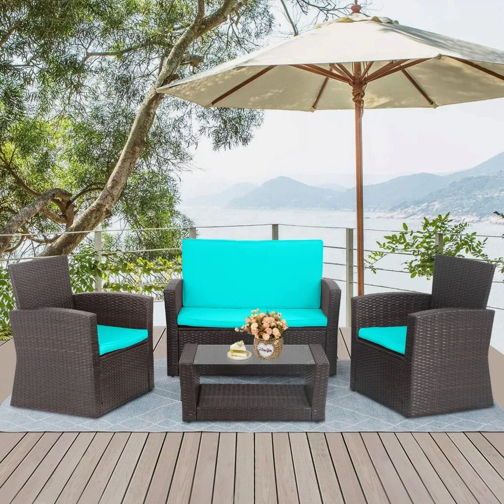 4 Pieces Patio Conversation Set, Outdoor PE Rattan Wicker Sofa Furniture Set with Soft Cushions and Glass Coffee Table for Backy
4 Pieces Patio Conversation Set, Outdoor PE Rattan Wicker Sofa Furniture Set with Soft Cushions and Glass Coffee Table for Backy