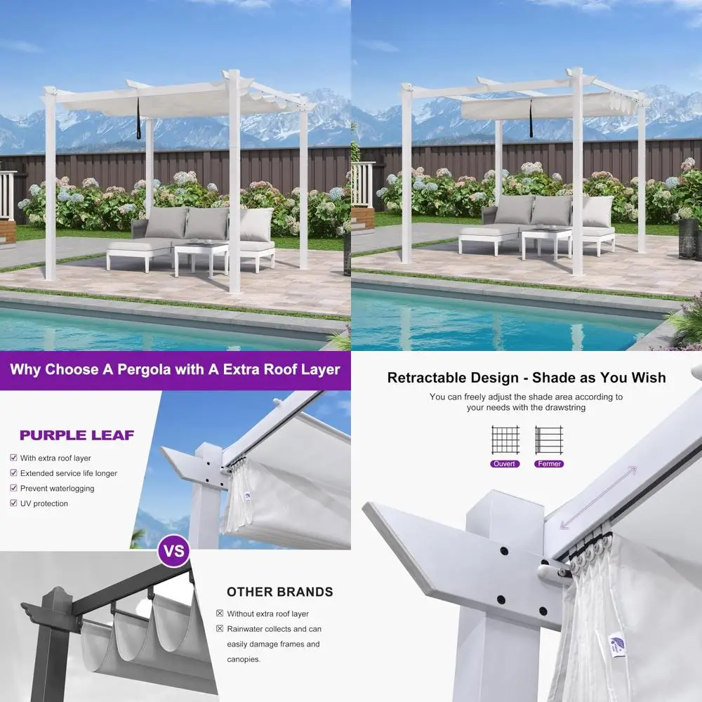 10x10 Outdoor Aluminum Pergola with Heavy-Duty Retractable Canopy and Double Shade for Patio Backyard
10x10 Outdoor Aluminum Pergola with Heavy-Duty Retractable Canopy and Double Shade for Patio Backyard