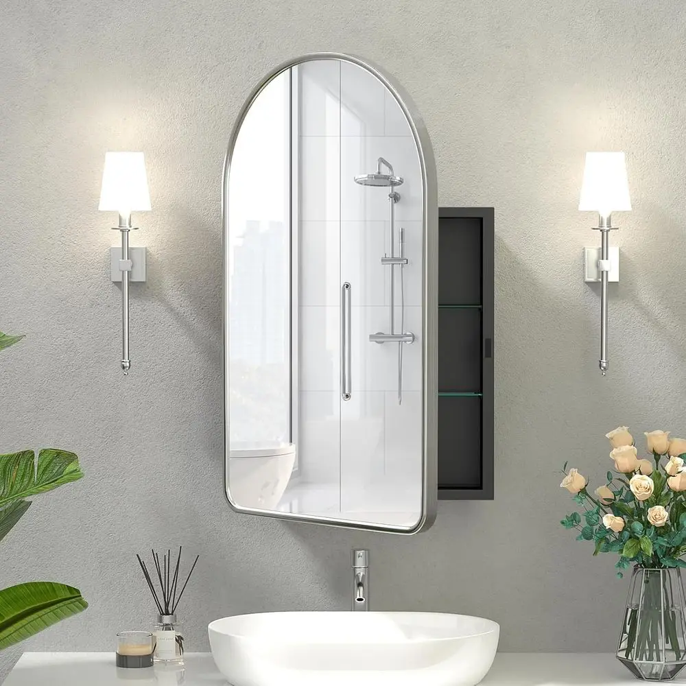 Nickel-Tone Metal Medicine Cabinet with Mirror and Storage, 20x31 Inches
Nickel-Tone Metal Medicine Cabinet with Mirror and Storage, 20x31 Inches