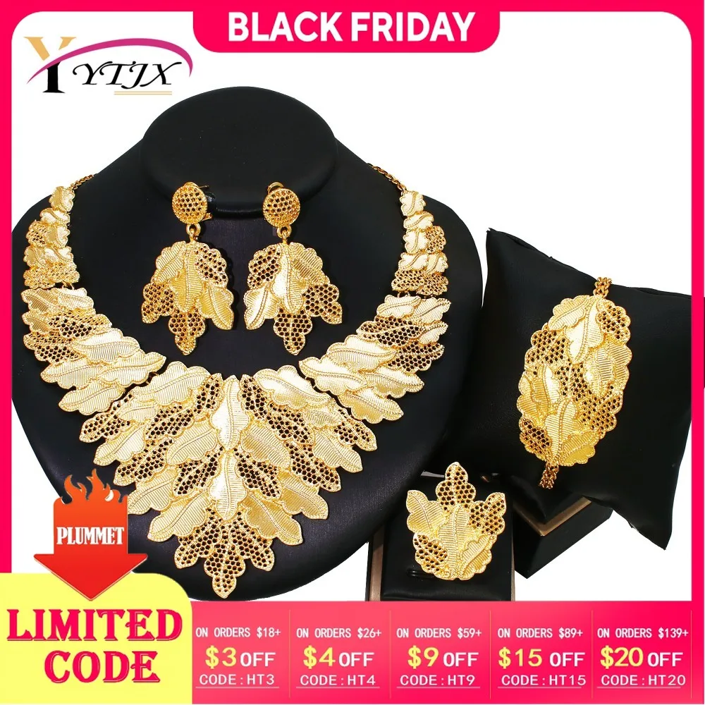 YTJX Gold Color Wedding Jewelry Set Hollow Out Golden Plated Leafs Africal Big Flower Choker Necklace Bracelet Earring Ring 2025
YTJX Gold Color Wedding Jewelry Set Hollow Out Golden Plated Leafs Africal Big Flower Choker Necklace Bracelet Earring Ring 2025