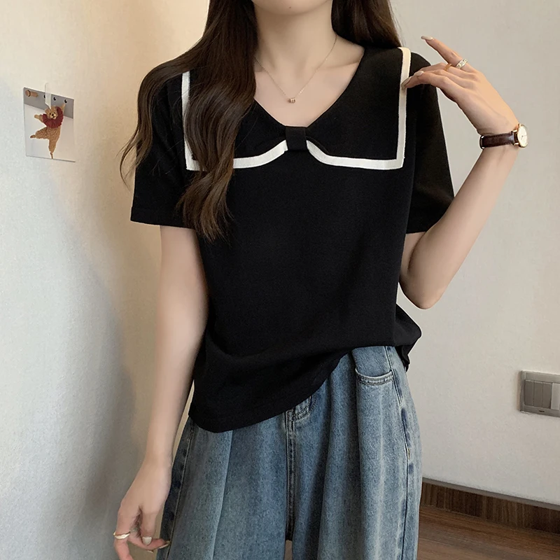 Summer Korean Fashion Knit Sweater Pullover Women Loose Chic Ladies Top Striped Bow Short Sleeve Sailor Collar Knitwear
Summer Korean Fashion Knit Sweater Pullover Women Loose Chic Ladies Top Striped Bow Short Sleeve Sailor Collar Knitwear