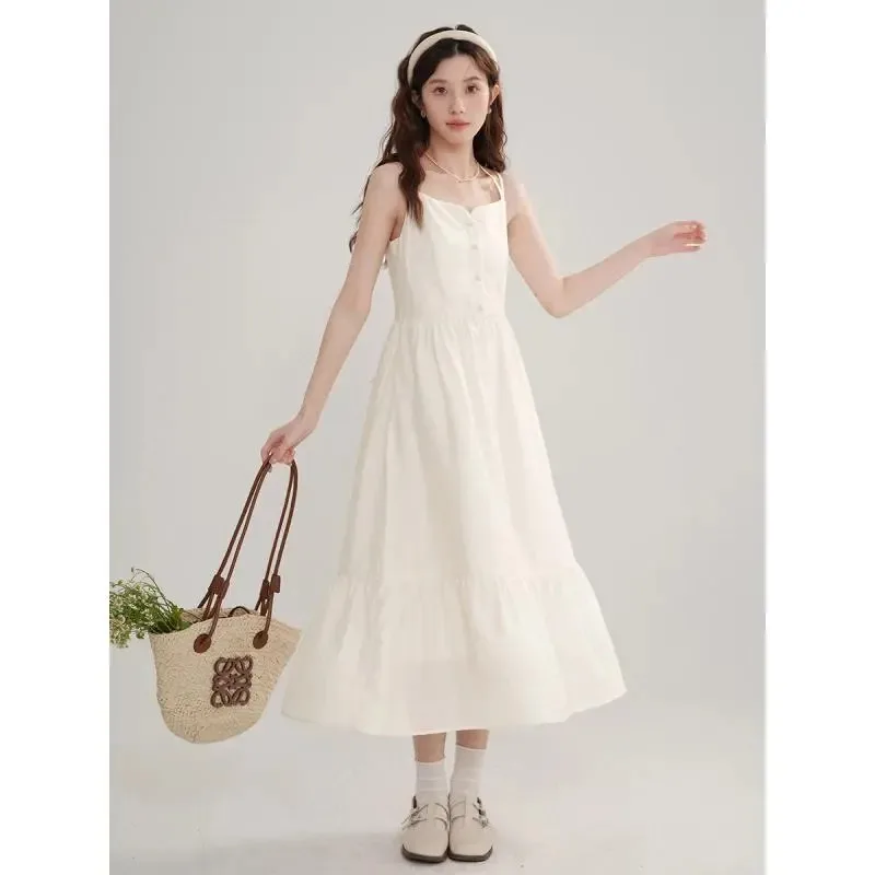 Women's White Sweet Spaghetti Strap Midi Dress Button Front Ruffle Hem A Line Cami Dress for Daily Casual
Women's White Sweet Spaghetti Strap Midi Dress Button Front Ruffle Hem A Line Cami Dress for Daily Casual