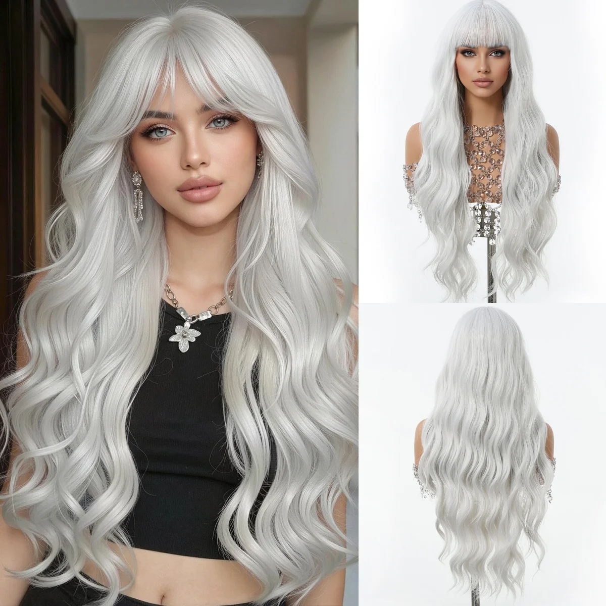 Long Wavy White Silver Wig with Bangs for Women Natural Middle Part Synthetic Heat Resistant High Density Silky Smooth Cosplay
Long Wavy White Silver Wig with Bangs for Women Natural Middle Part Synthetic Heat Resistant High Density Silky Smooth Cosplay