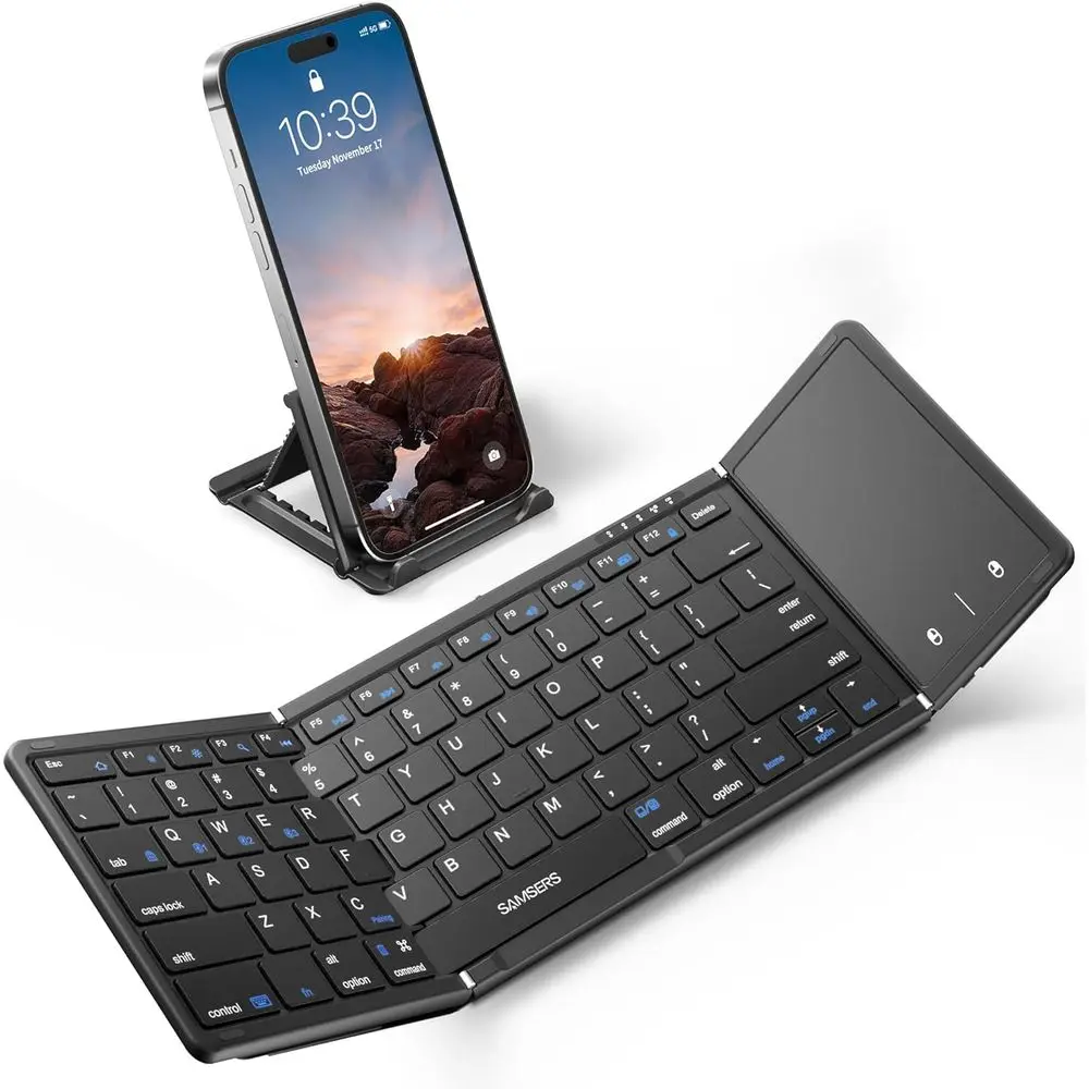 Full-Size Bluetooth Keyboard with Touchpad for iOS, Android, and Windows, Supports 3 Devices, Black