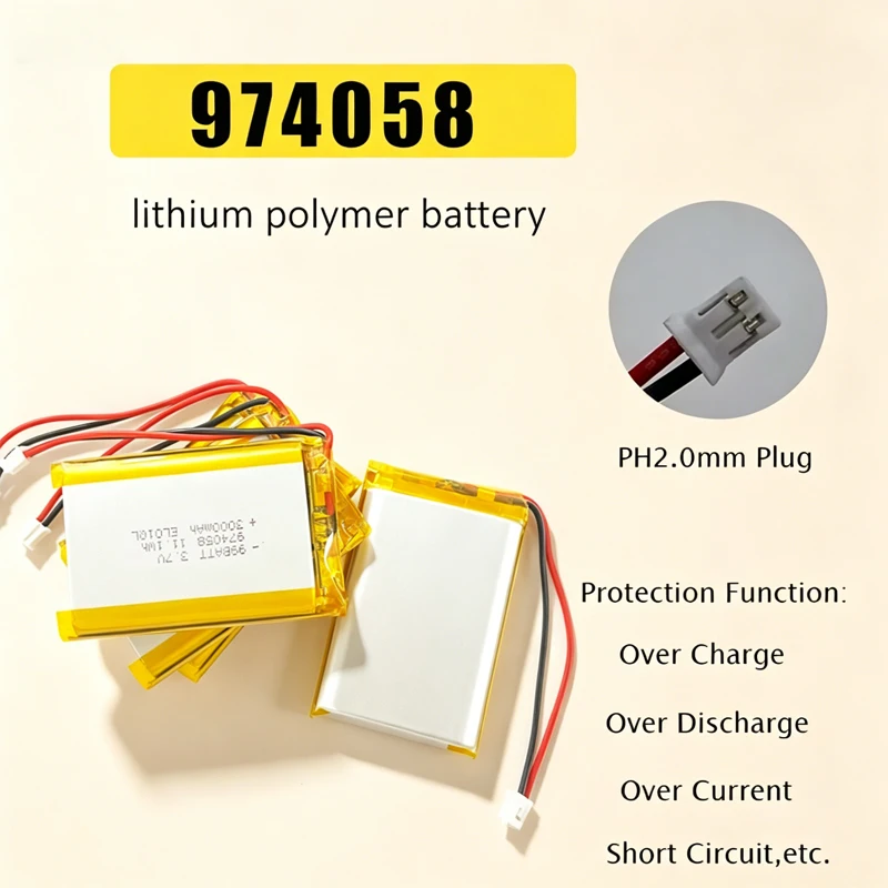 974058 3000mah lipo battery 3.7v lithium Polymer Rechargeable Battera PH2.0 for Power Bank Beauty Instrument Camping Light Audio
974058 3000mah lipo battery 3.7v lithium Polymer Rechargeable Battera PH2.0 for Power Bank Beauty Instrument Camping Light Audio