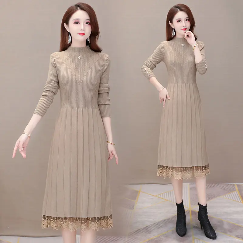 Winter Loose Knitted All-match Ladies Dresses Elegant Stand Collar Spliced Folds Diamonds Lace Midi Dress Women's Clothing 2025
Winter Loose Knitted All-match Ladies Dresses Elegant Stand Collar Spliced Folds Diamonds Lace Midi Dress Women's Clothing 2025
