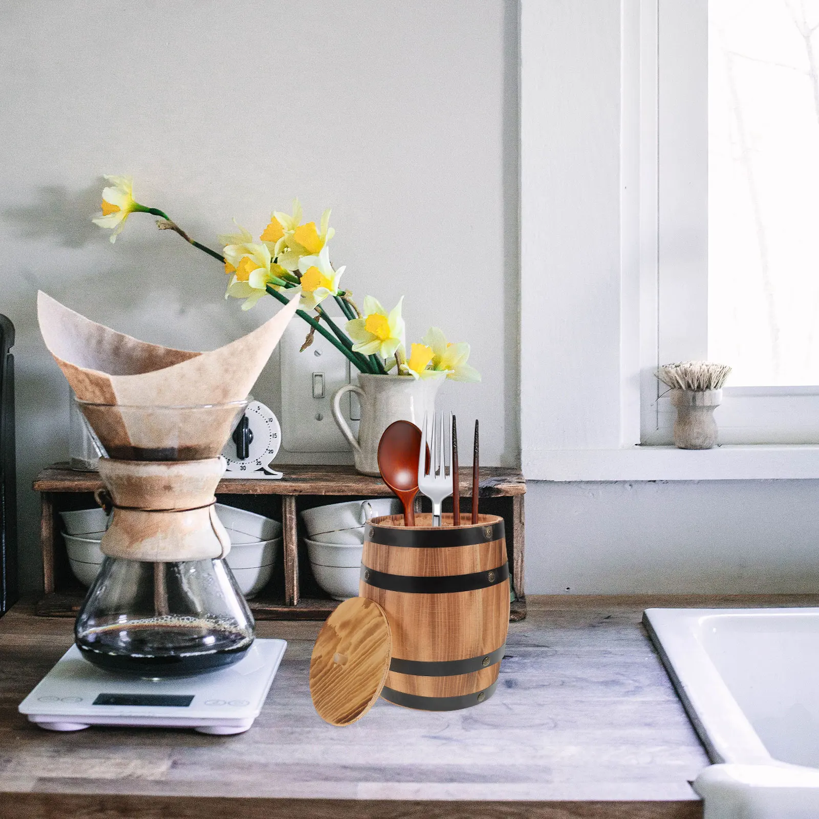 Rustic Vintage Wooden Utensil Kitchen Cutlery Barrel Compact Countertop Organizer For Spoons Forks Chopsticks Carbonized
Rustic Vintage Wooden Utensil Kitchen Cutlery Barrel Compact Countertop Organizer For Spoons Forks Chopsticks Carbonized