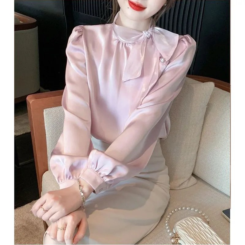 French Bow Ribbon Shirt Women's Temperament High Gloss Fairy Ladies 2025 Spring Autumn Chiffon Female Long Sleeve Pullover Top
French Bow Ribbon Shirt Women's Temperament High Gloss Fairy Ladies 2025 Spring Autumn Chiffon Female Long Sleeve Pullover Top