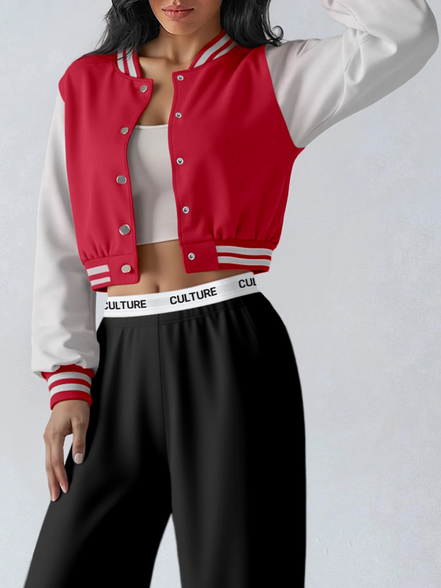 Contrast Trim Cropped Baseball Jacket Women's Stylish Varsity Coat Color Block Button Up with Ribbed Cuffs
Contrast Trim Cropped Baseball Jacket Women's Stylish Varsity Coat Color Block Button Up with Ribbed Cuffs