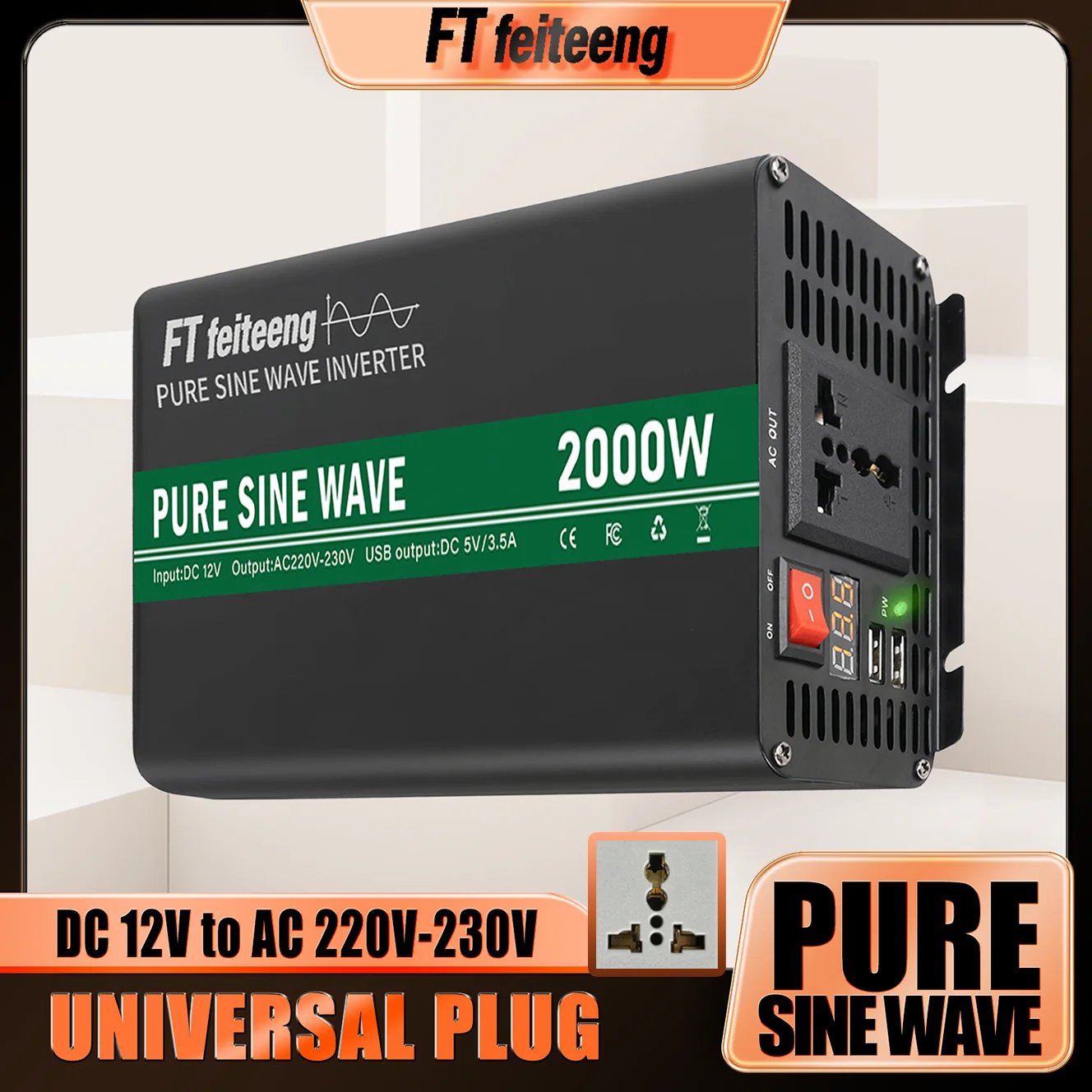 FT Feiteeng Pure Sine Wave Power Inverter 12V to 210V-230V AC Universal Plug for Home Car RV Truck with LCD Display USB Ports
FT Feiteeng Pure Sine Wave Power Inverter 12V to 210V-230V AC Universal Plug for Home Car RV Truck with LCD Display USB Ports