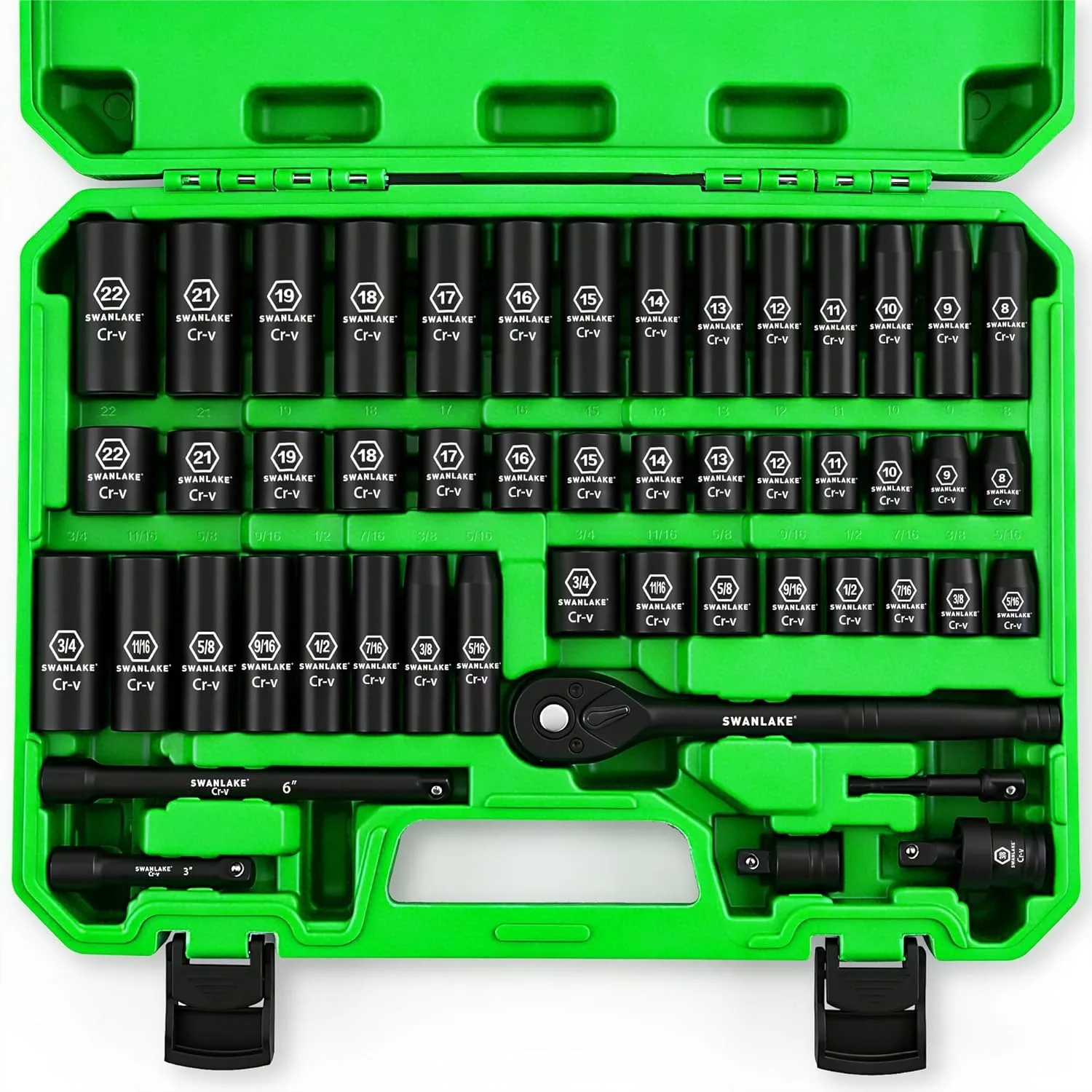 50-Piece Impact Socket Set, SAE & Metric 3/8 Drive, 6-Point Cr-V Sockets with Ratchet Handle and Extension Bars for Automotive
50-Piece Impact Socket Set, SAE & Metric 3/8 Drive, 6-Point Cr-V Sockets with Ratchet Handle and Extension Bars for Automotive