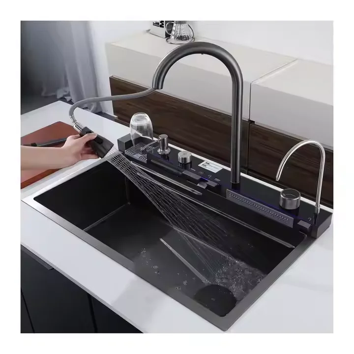 Smart Home Products Black LED Light Fregadero Acero Inoxidable Rainfall Shower Dishwasher Waterfall Kitchen Sink with Cup Washer
Smart Home Products Black LED Light Fregadero Acero Inoxidable Rainfall Shower Dishwasher Waterfall Kitchen Sink with Cup Washer