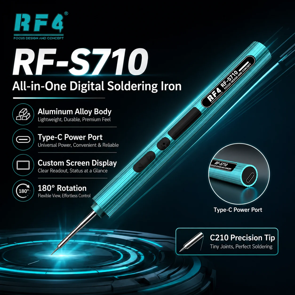 RF4 RF-S710 Digital Soldering Iron Type-C Fast Charging 180° Rotatable Screen Aluminum Alloy Phone Repair Tool
RF4 RF-S710 Digital Soldering Iron Type-C Fast Charging 180° Rotatable Screen Aluminum Alloy Phone Repair Tool