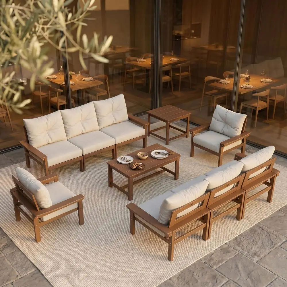 6-Piece HDPE Patio Furniture Set with Coffee and Side Tables, Beige Cushions for Outdoor, Balcony, Porch, and Poolside Use
6-Piece HDPE Patio Furniture Set with Coffee and Side Tables, Beige Cushions for Outdoor, Balcony, Porch, and Poolside Use
