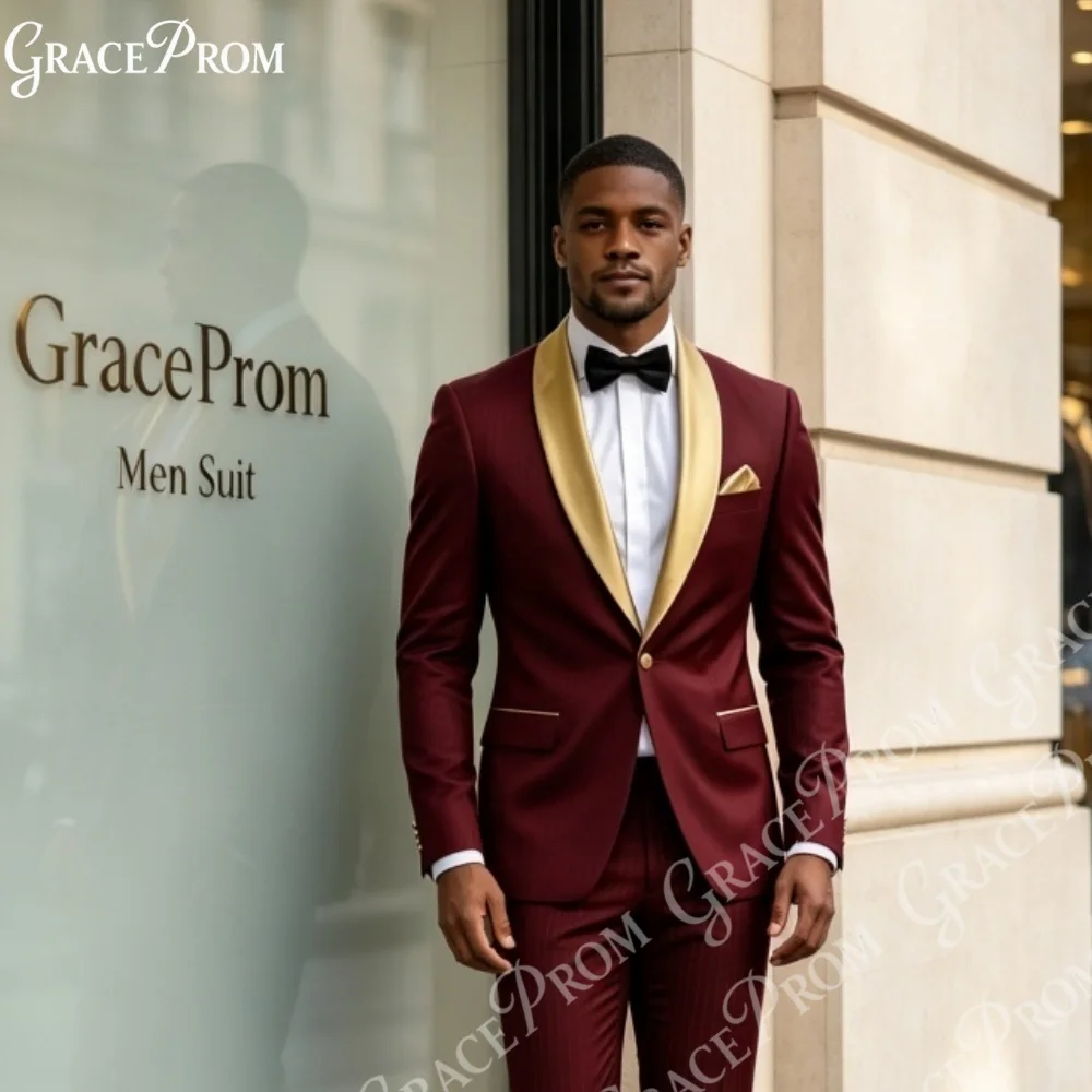 Men Burgundy Tuxedo 2pcs Set Gold Satin Peak Lapel Blazer Pinstripe Pants Tailored Fit Wedding Prom Party Banquet Formal Event
Men Burgundy Tuxedo 2pcs Set Gold Satin Peak Lapel Blazer Pinstripe Pants Tailored Fit Wedding Prom Party Banquet Formal Event