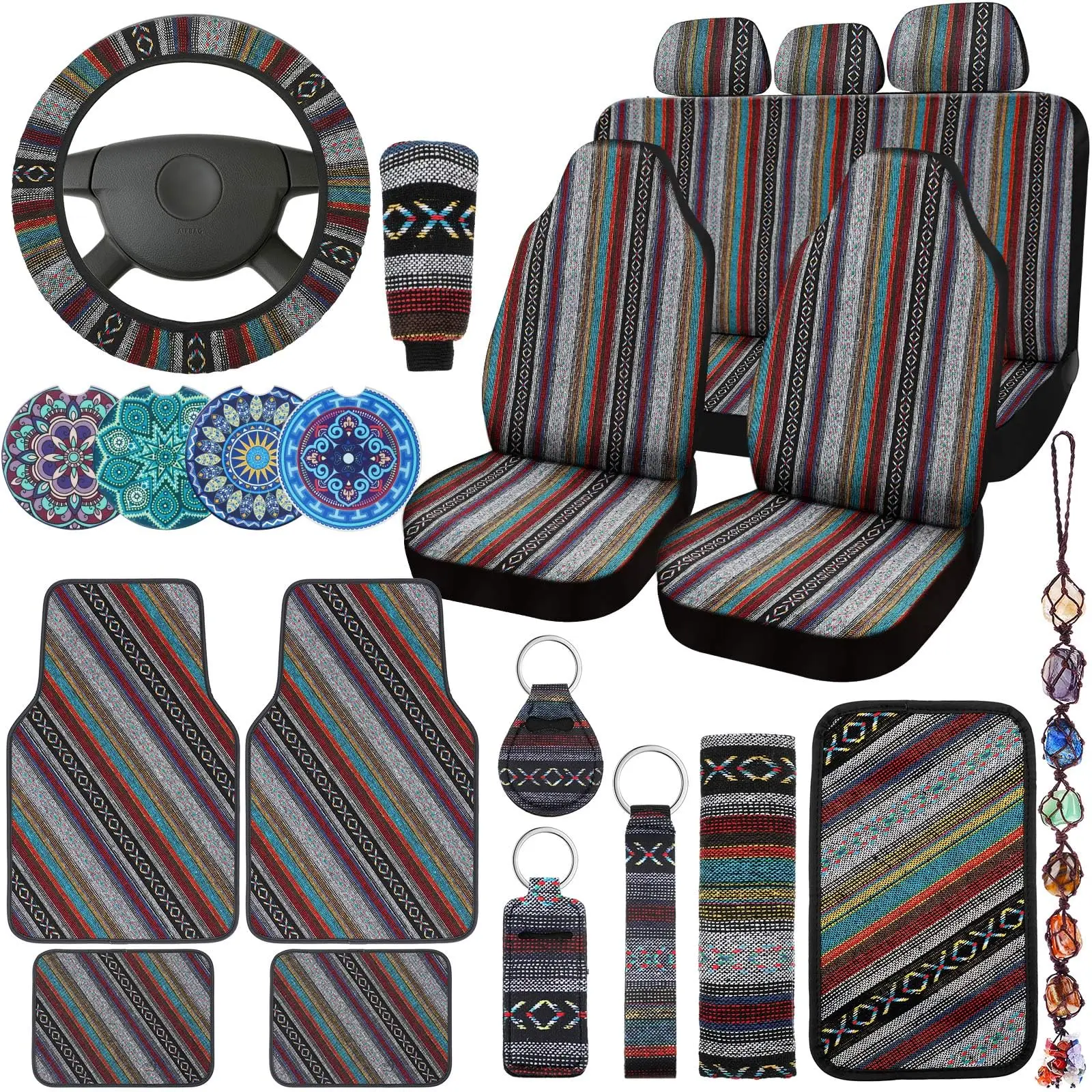 26pcs Boho Car Accessories Set Stripe Seat Covers Steering Wheel Cover Mats Belt Cover
26pcs Boho Car Accessories Set Stripe Seat Covers Steering Wheel Cover Mats Belt Cover