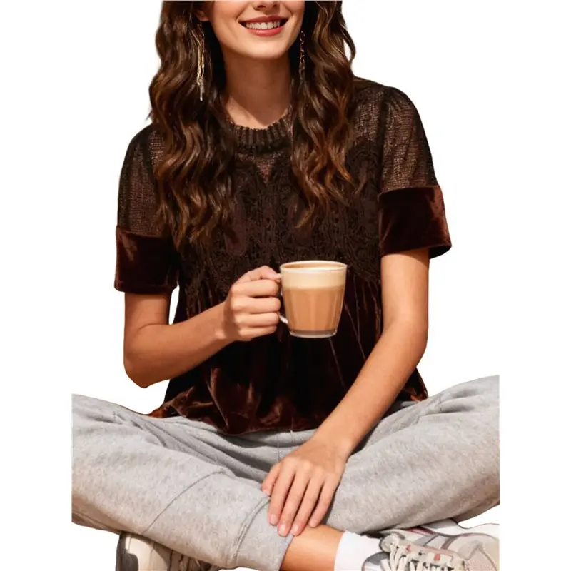 CYL-Женская бархатная блузка с кружевом, повседневная, с круглым вырезом, коротким рукавом, расклешенная, элегантная, свободного кроя
CYL-Женская бархатная блузка с кружевом, повседневная, с круглым вырезом, коротким рукавом, расклешенная, элегантная, свободного кроя