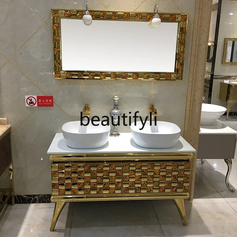 xxzLuxury gold bathroom cabinet combination stainless steel European hotel villa, three basins, washbasin
xxzLuxury gold bathroom cabinet combination stainless steel European hotel villa, three basins, washbasin