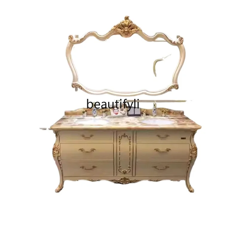 bathroom cabinet antique solid wood carving flower custom floor combination bathroom cabinet simple European style double basin
bathroom cabinet antique solid wood carving flower custom floor combination bathroom cabinet simple European style double basin