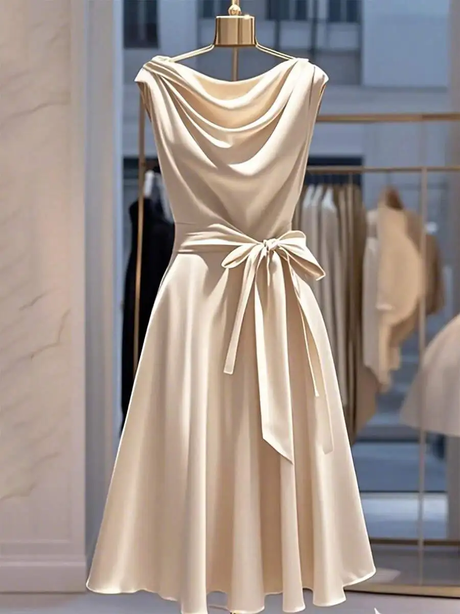 Women's Solid Satin Cowl Neck Midi Dress with Waist Tie
Women's Solid Satin Cowl Neck Midi Dress with Waist Tie
