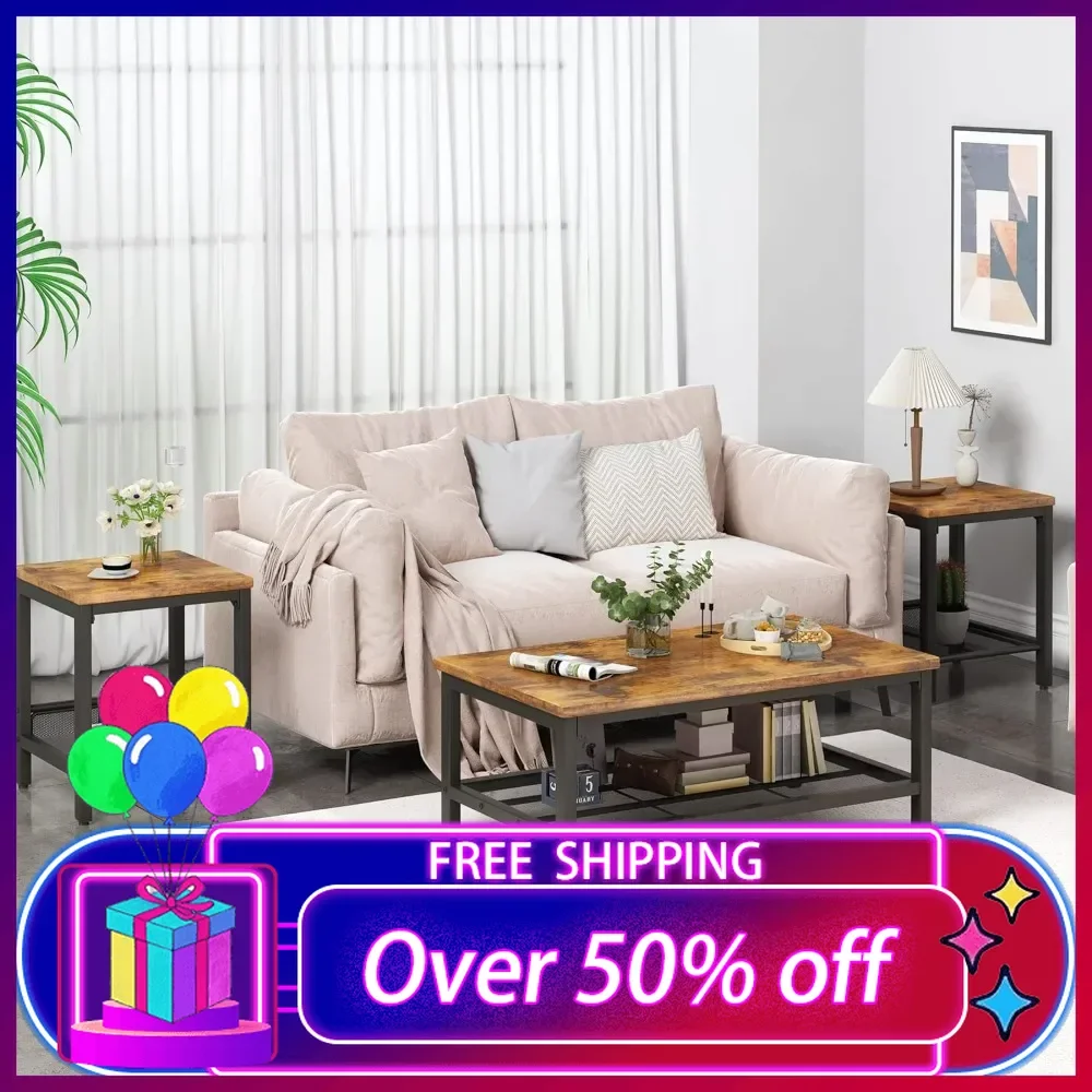 3 Pieces Coffee Table Set, Industrial Coffee Tables with 2 Square End Side Tables, Modern Living Room Table Set with Metal Frame
3 Pieces Coffee Table Set, Industrial Coffee Tables with 2 Square End Side Tables, Modern Living Room Table Set with Metal Frame