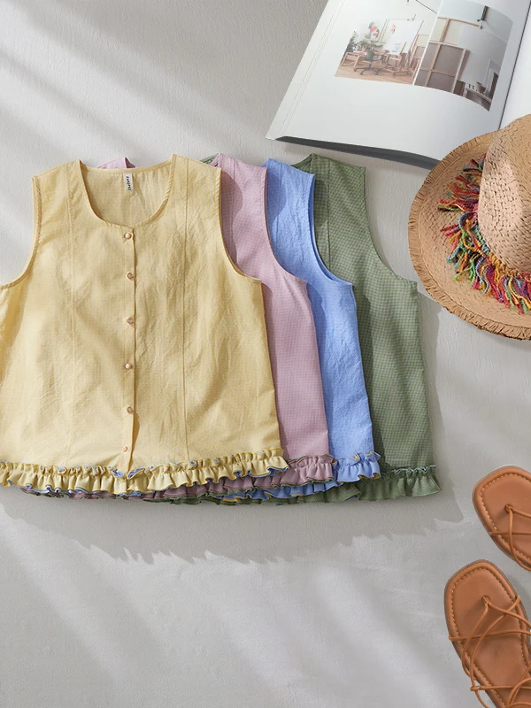 Summer Cotton Linen Sleeveless Shirt Women's Plaid Slimming Vacation Style Patchwork Wooden Ear Top Ladies Fashion
Summer Cotton Linen Sleeveless Shirt Women's Plaid Slimming Vacation Style Patchwork Wooden Ear Top Ladies Fashion