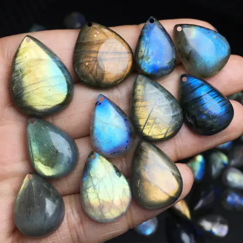 Natural Labradorite Drop Stone 2 Pcs 5-20g, Polished Teardrop Cabochon Blue Flash Loose Gemstone for Craft Making DIY Jewelry Design Mineral Specimen Collection Gift
