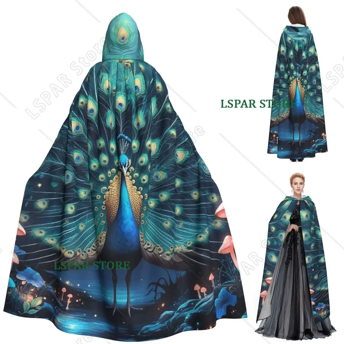 Mesmerising Peacock Feathers Long Hooded Cloak Witch Medieval Costume Cosplay Cape HalloweenVampire Adult Unisex
Mesmerising Peacock Feathers Long Hooded Cloak Witch Medieval Costume Cosplay Cape HalloweenVampire Adult Unisex