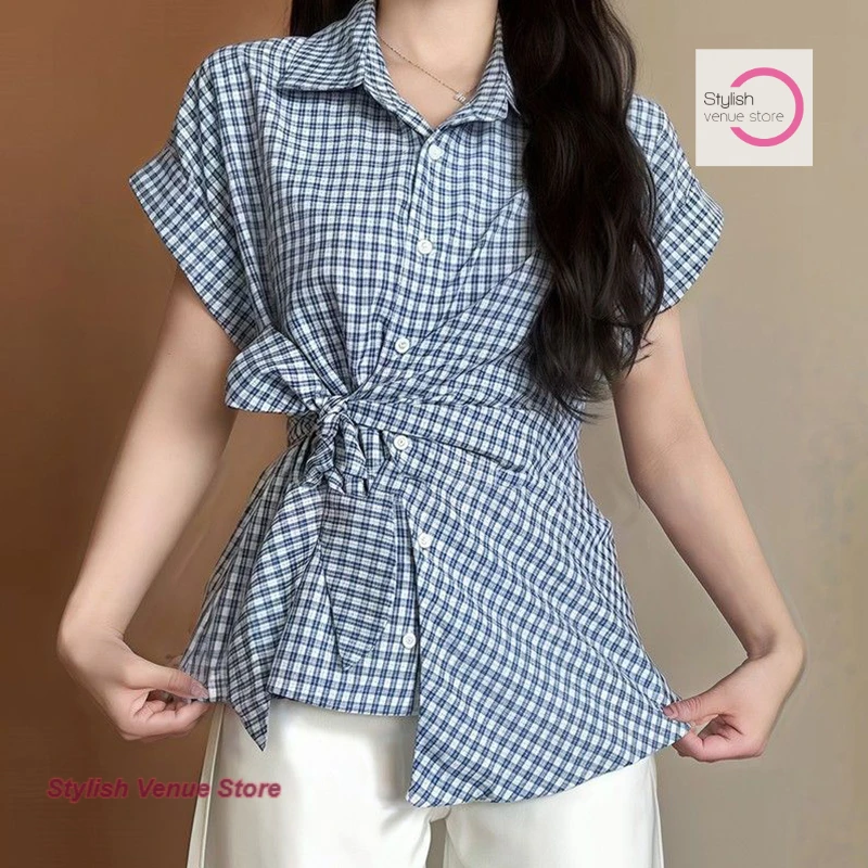Korean plus-size temperament design sense blue plaid short-sleeved shirt female summer new temperament strap waist casual shirt
Korean plus-size temperament design sense blue plaid short-sleeved shirt female summer new temperament strap waist casual shirt