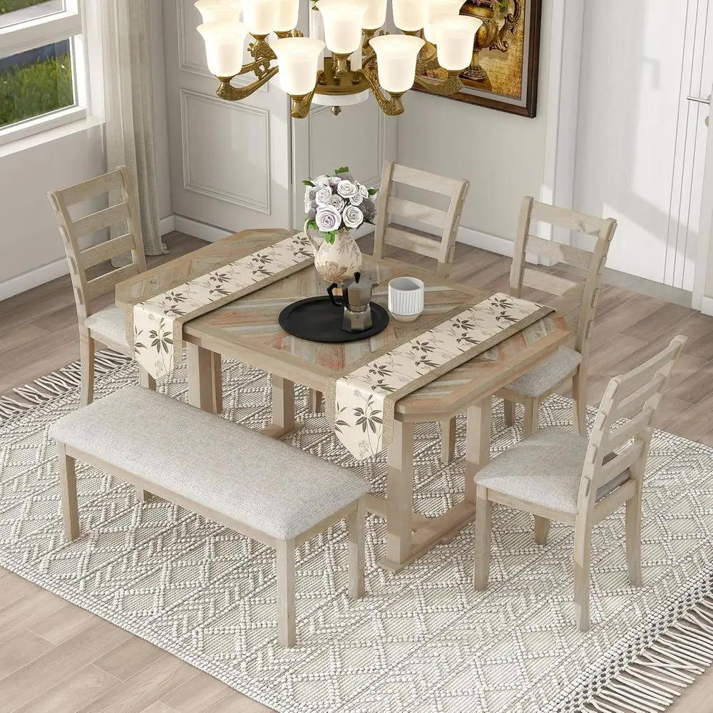 Solid Wood 6-Piece Dining Set with 4 Upholstered Chairs and Bench for Kitchen or Dining Room, Ideal for Small Spaces, Natural Fi
Solid Wood 6-Piece Dining Set with 4 Upholstered Chairs and Bench for Kitchen or Dining Room, Ideal for Small Spaces, Natural Fi