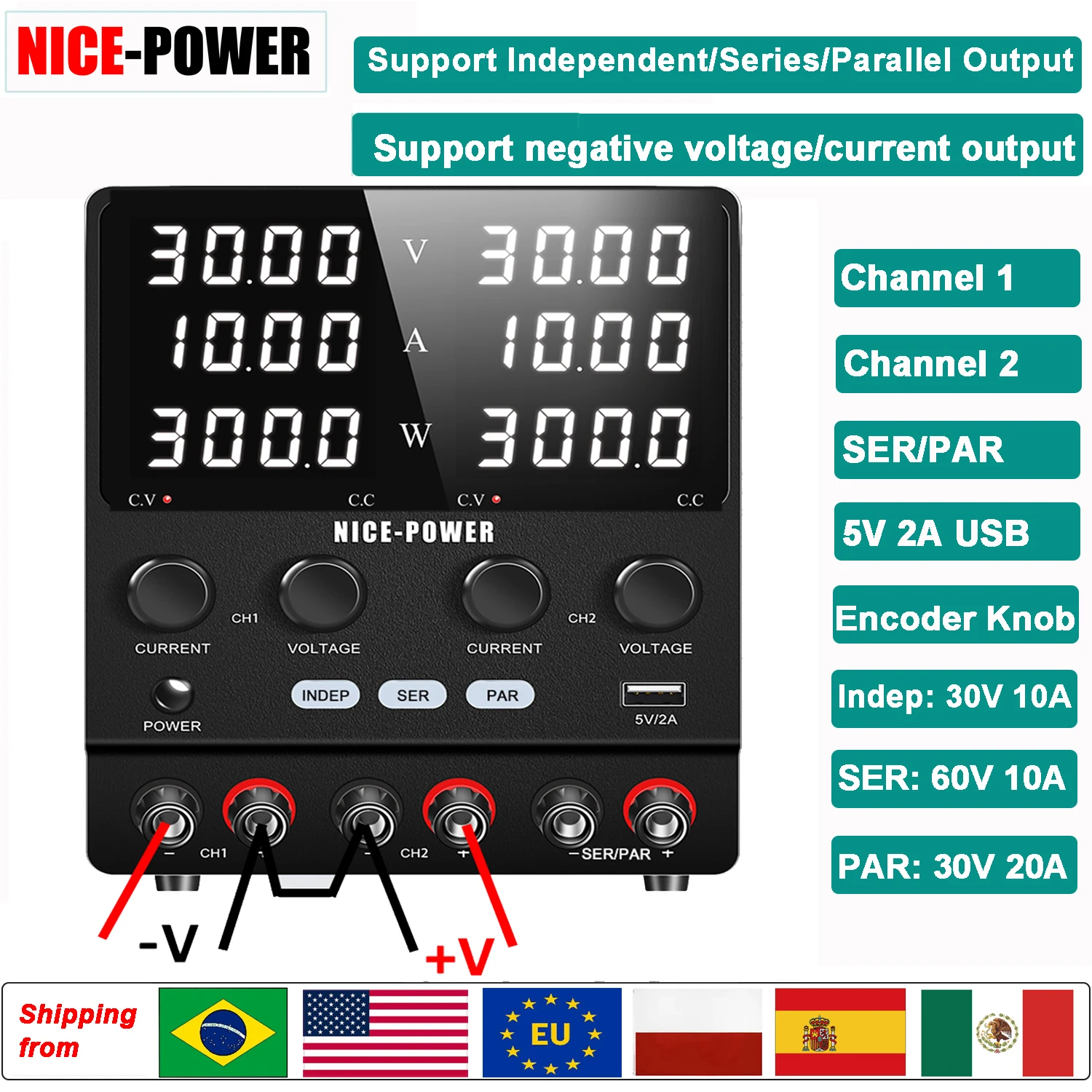 NICE-POWER 30V 10A Dual-Channel DC Lab Power Supply 60V 120V 240V Double Bench Power Source Positive & Negative Voltage Output
NICE-POWER 30V 10A Dual-Channel DC Lab Power Supply 60V 120V 240V Double Bench Power Source Positive & Negative Voltage Output
