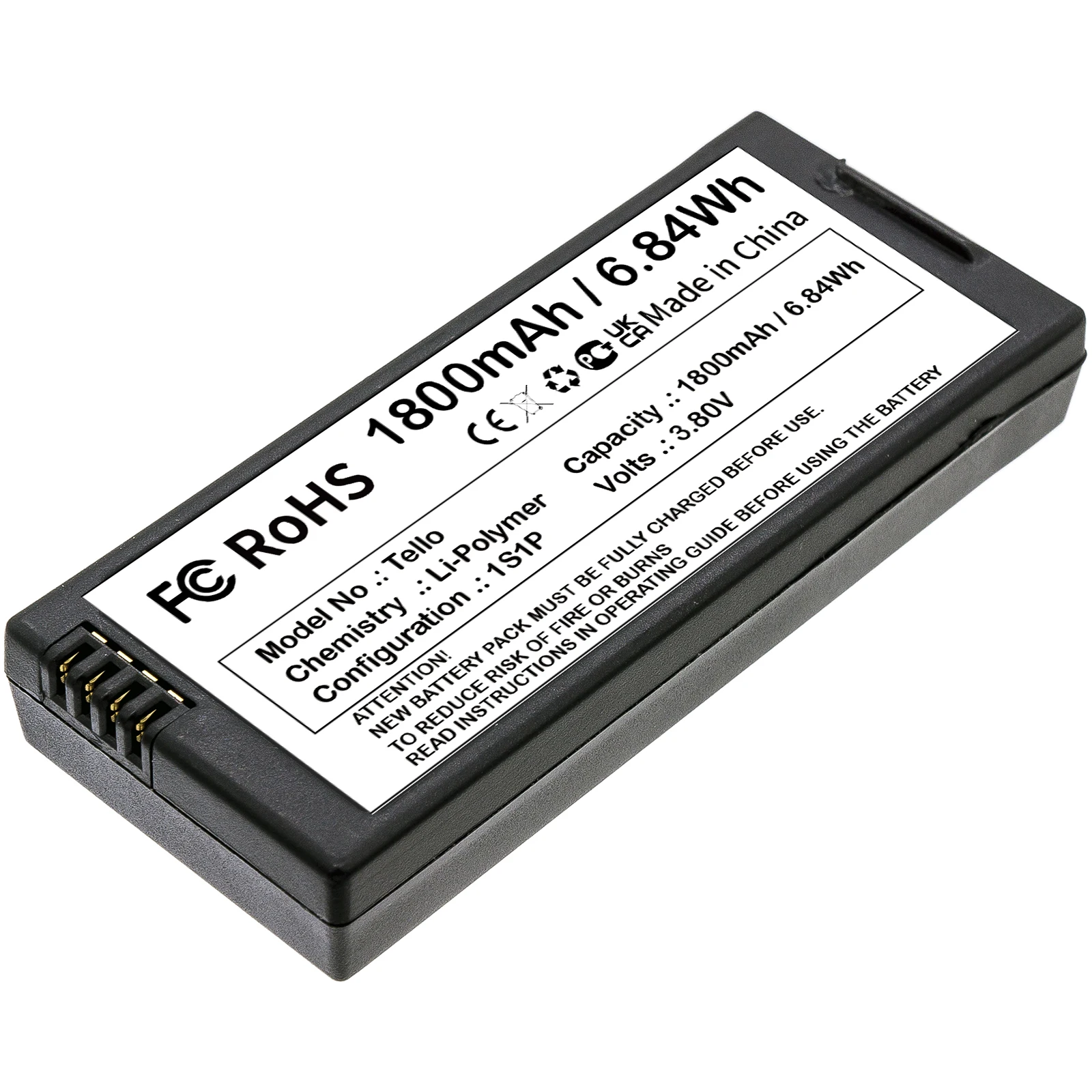Drones Replacement Battery For DJI:T01,Tello,1800mAh / 6.84Wh,Li-Polymer,3.80V,61.70 x 26.60 x 11.50mm
Drones Replacement Battery For DJI:T01,Tello,1800mAh / 6.84Wh,Li-Polymer,3.80V,61.70 x 26.60 x 11.50mm